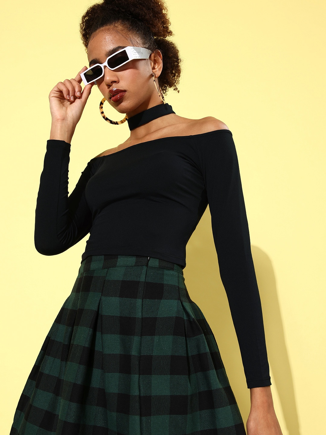 

DressBerry Jet Black Off-Shoulder Top With Choker Neck Detailing