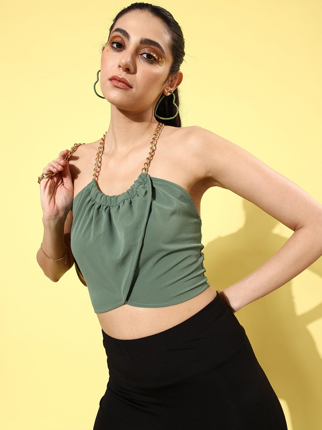 

Dressberry Halter Neck Smocked Crop Top With Chain Detail, Green