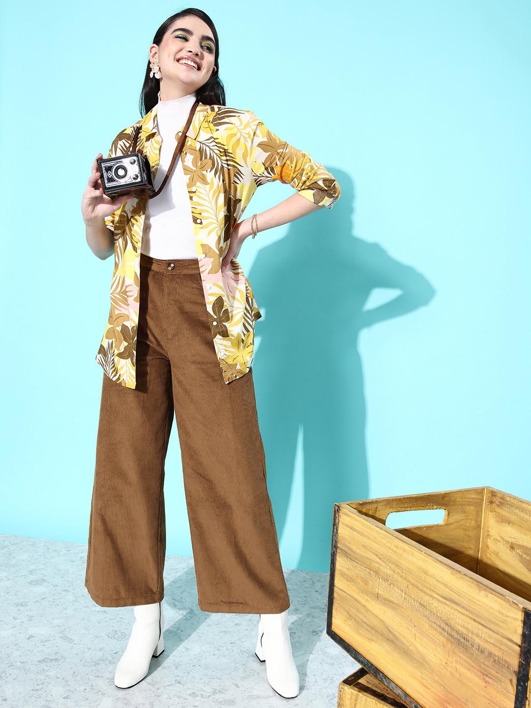 

Dressberry Women Pure Cotton High-Rise Corduroy Trousers, Camel brown