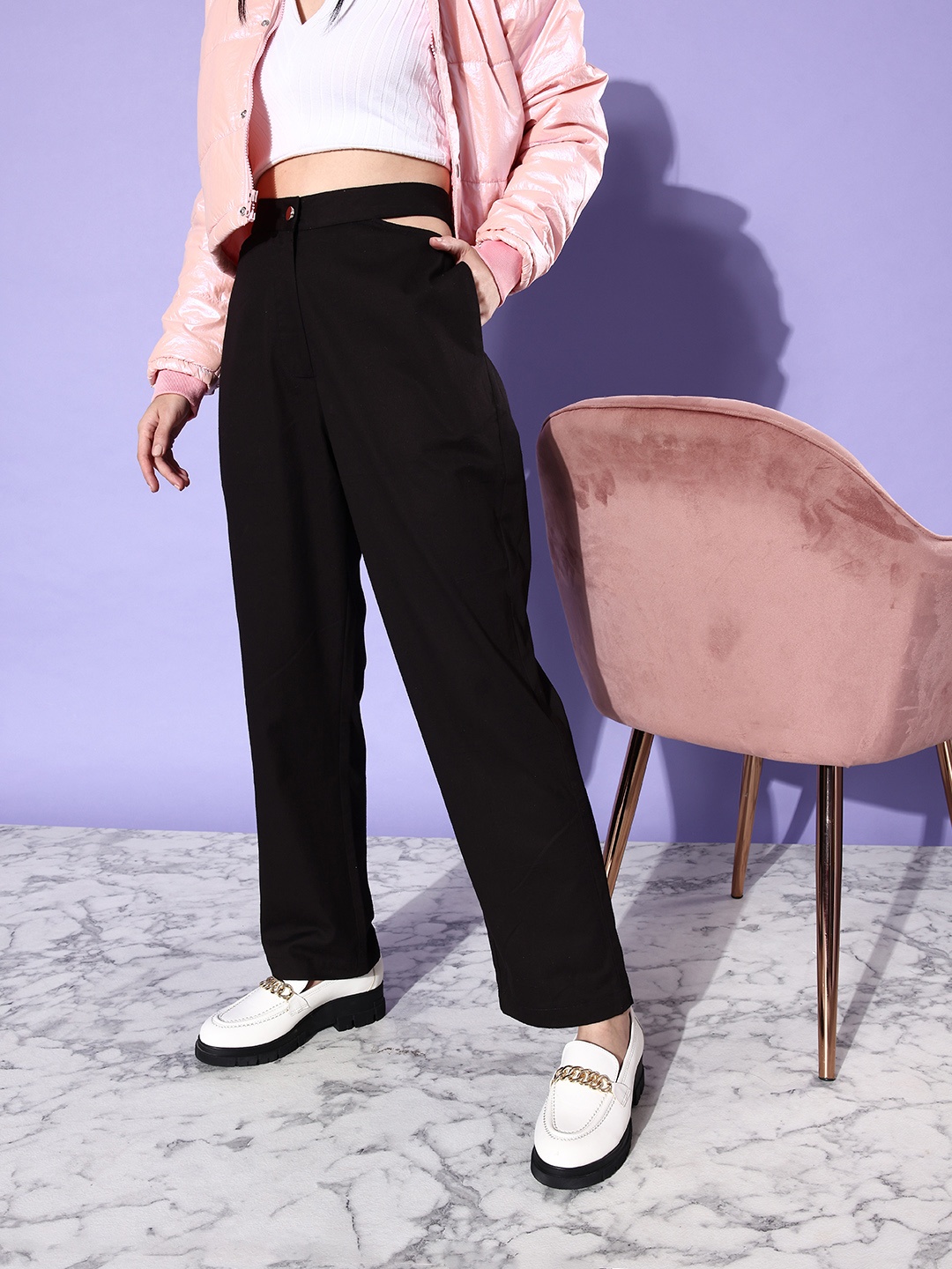 

DressBerry Women Pure Cotton Trousers with Cut Outs Detailing, Black