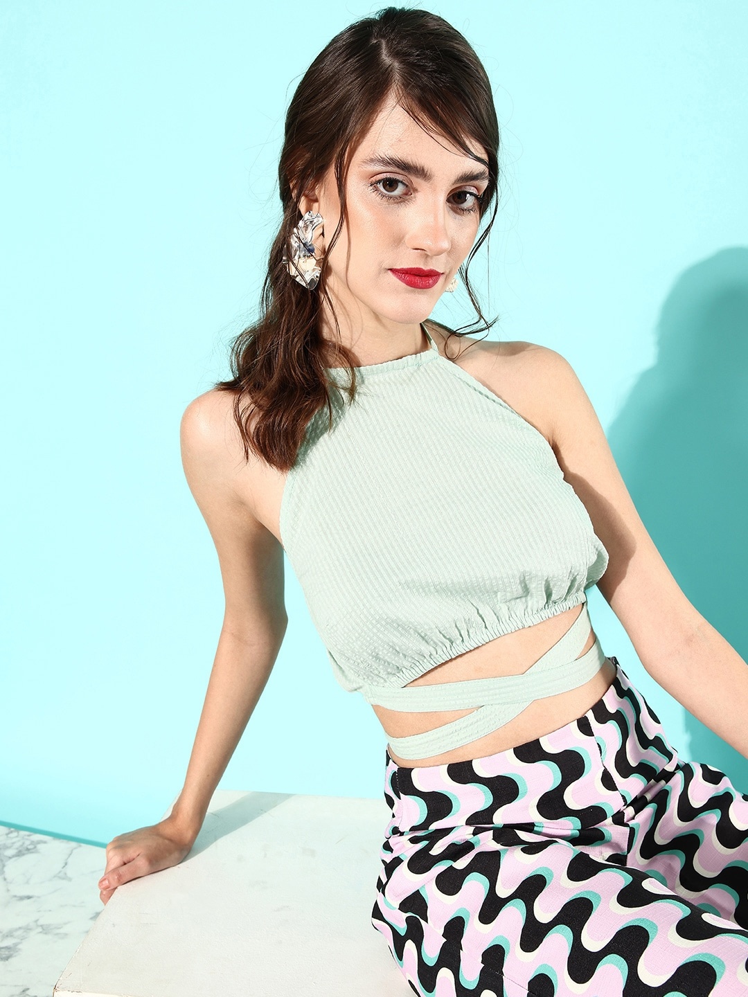

DressBerry Sea Green Halter Neck Pure Cotton Empire Crop Top