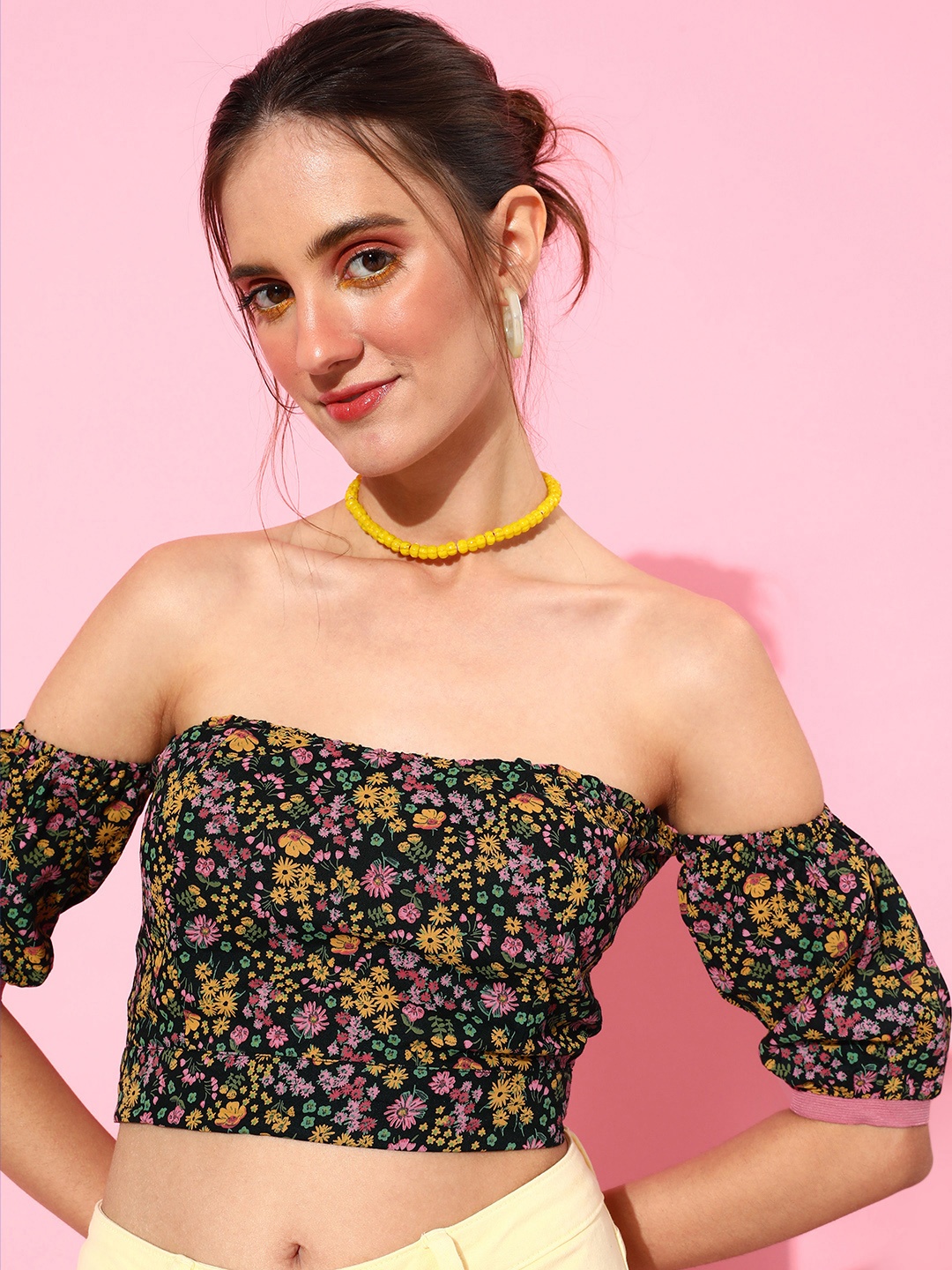 

DressBerry Floral Print Off-Shoulder Bardot Crop Top with Tie-Ups, Black