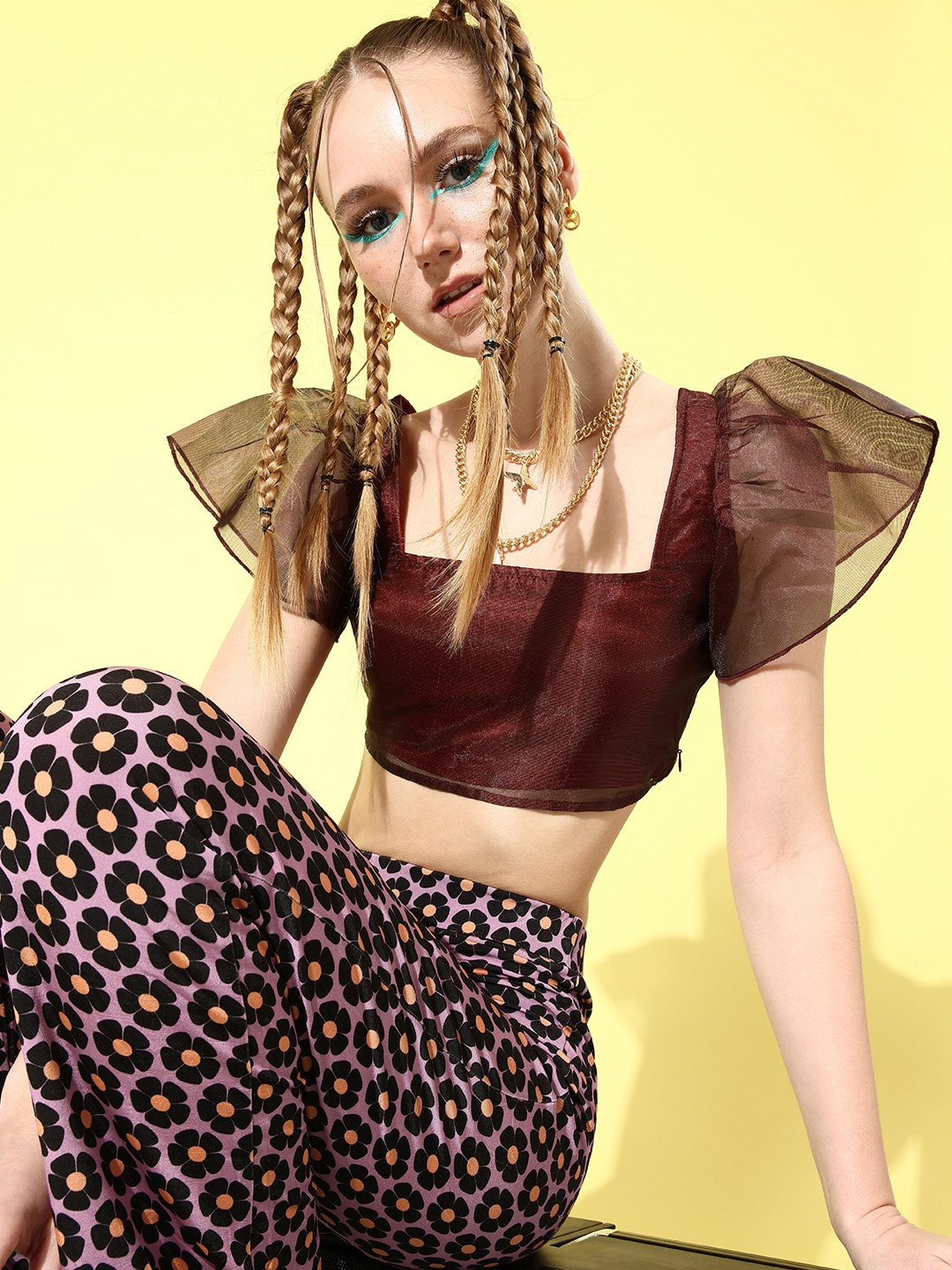 

Dressberry Square Neck Net Blouson Crop Top, Maroon