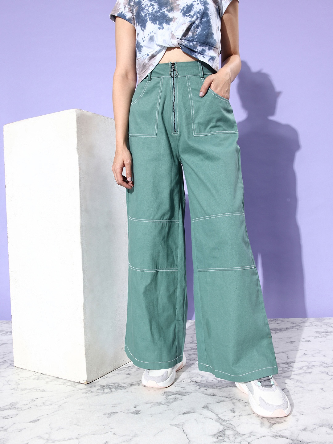 

DressBerry Women Sea Green Pure Cotton Parallel Trousers