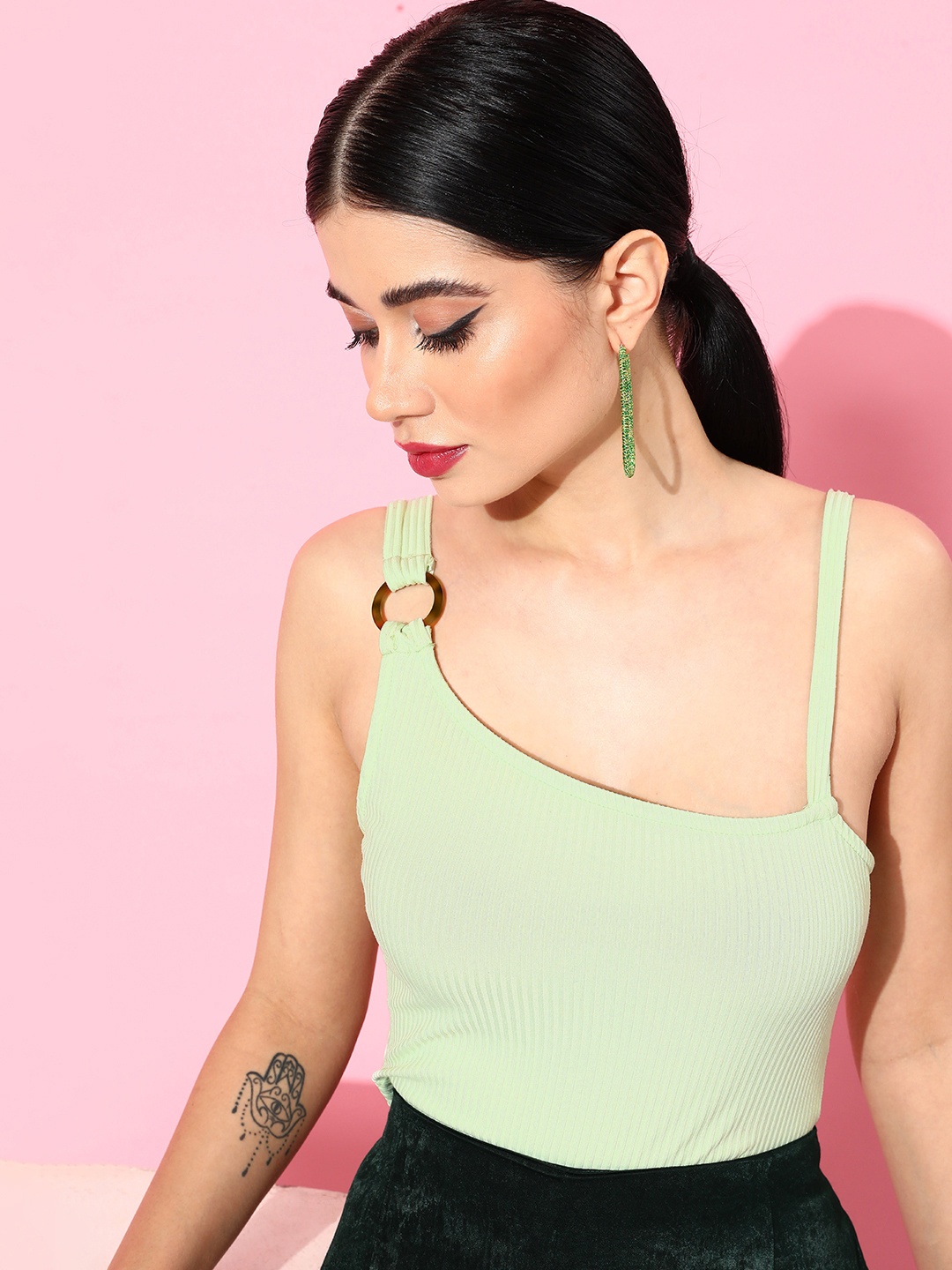 

Dressberry Ribbed Pure Cotton Crop Top, Green