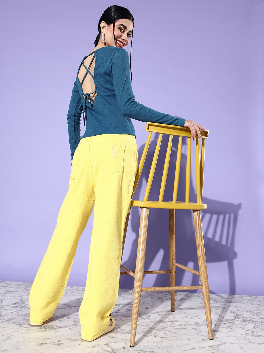 

DressBerry Women V-Neck Styled Back Tie-Up Detail Fitted Top, Teal