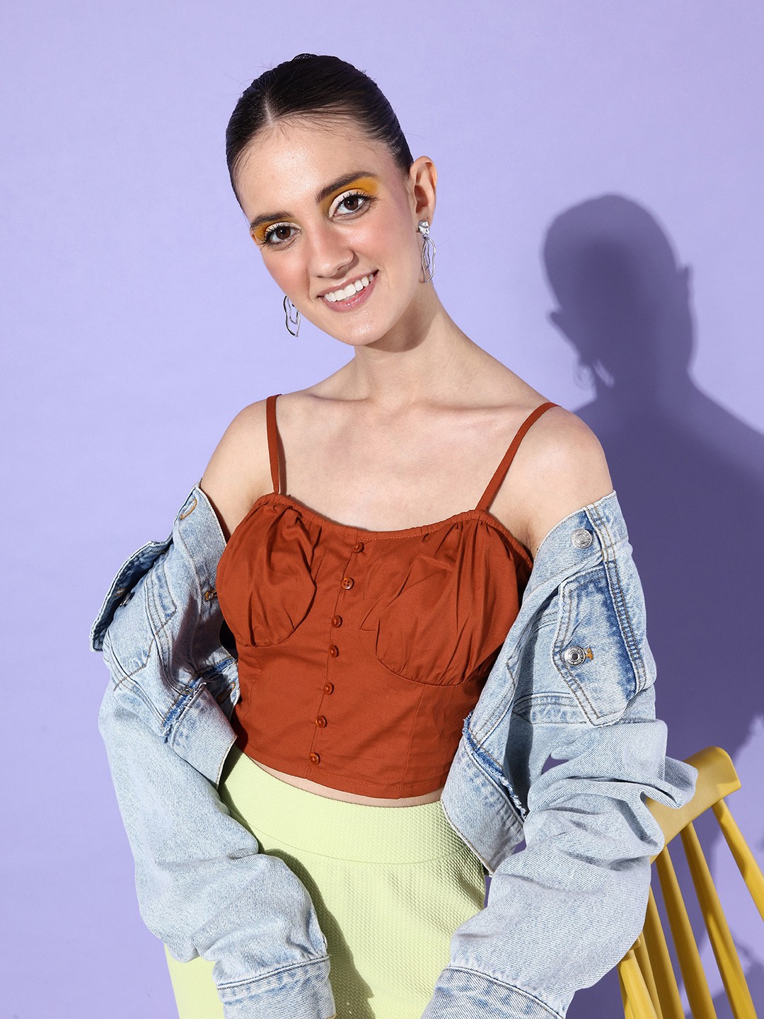 

DressBerry Solid Pure Cotton Fitted Crop Top, Rust