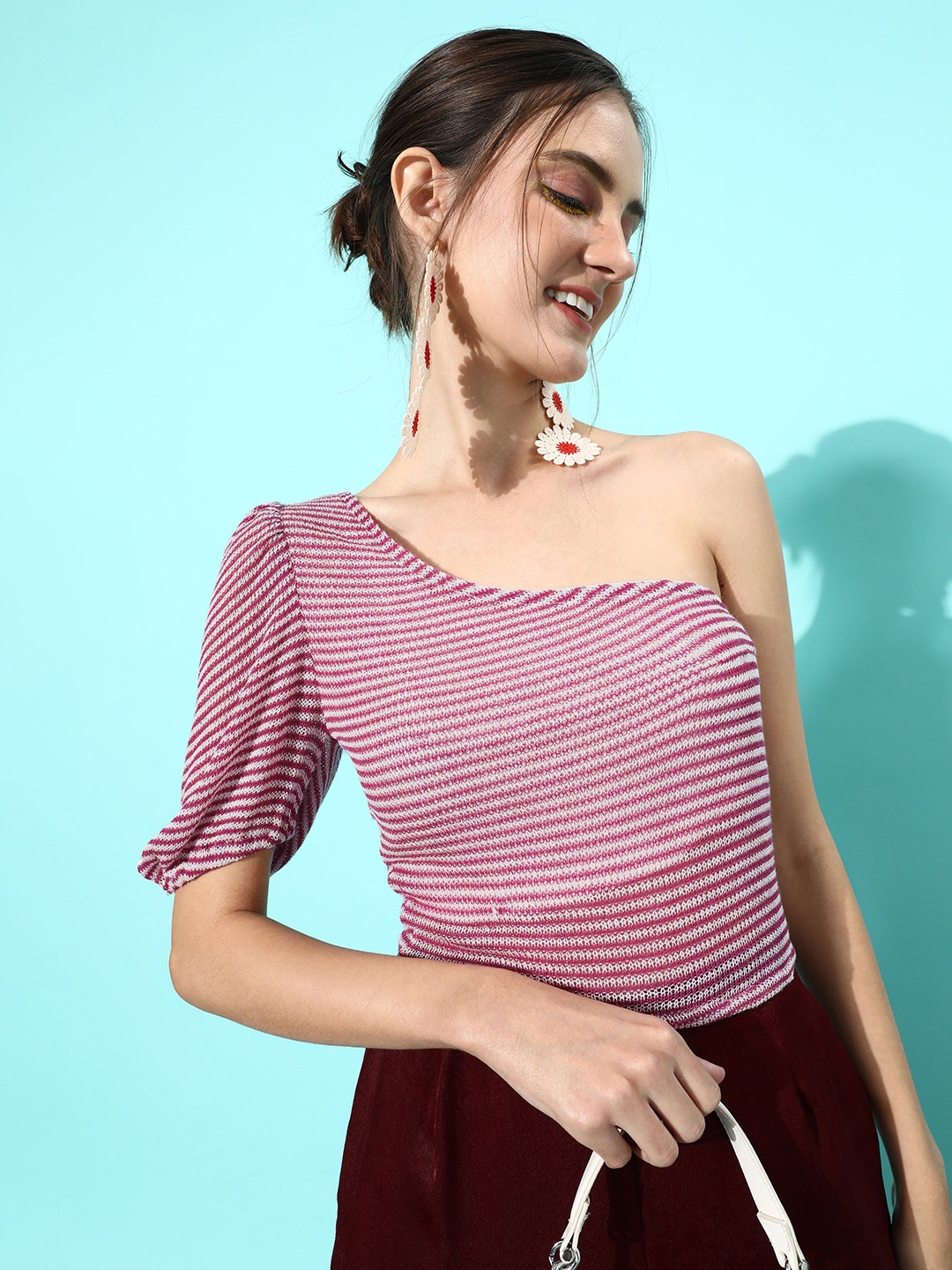 

Dressberry Pure Cotton Striped One Shoulder Crop Top, Pink