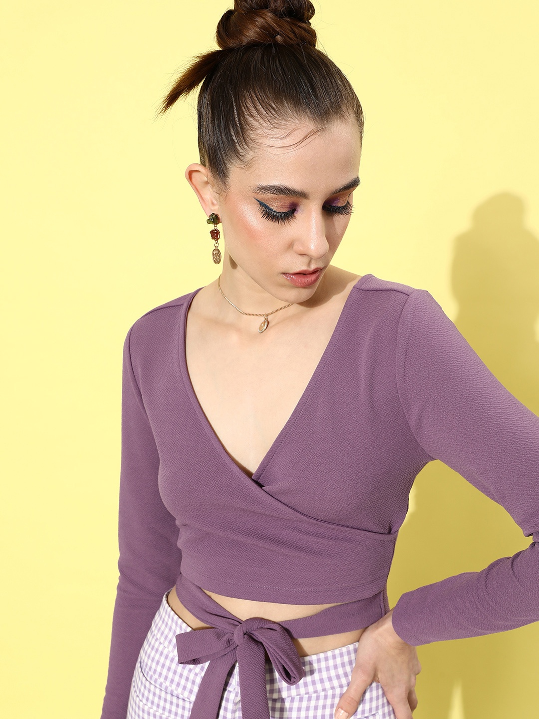 

DressBerry V-Neck Wrap Crop Top With Waist Tie-Up Detail, Mauve