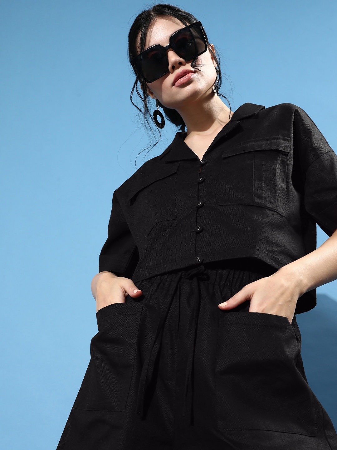 

DressBerry Solid Pure Cotton Shirt with Shorts, Black
