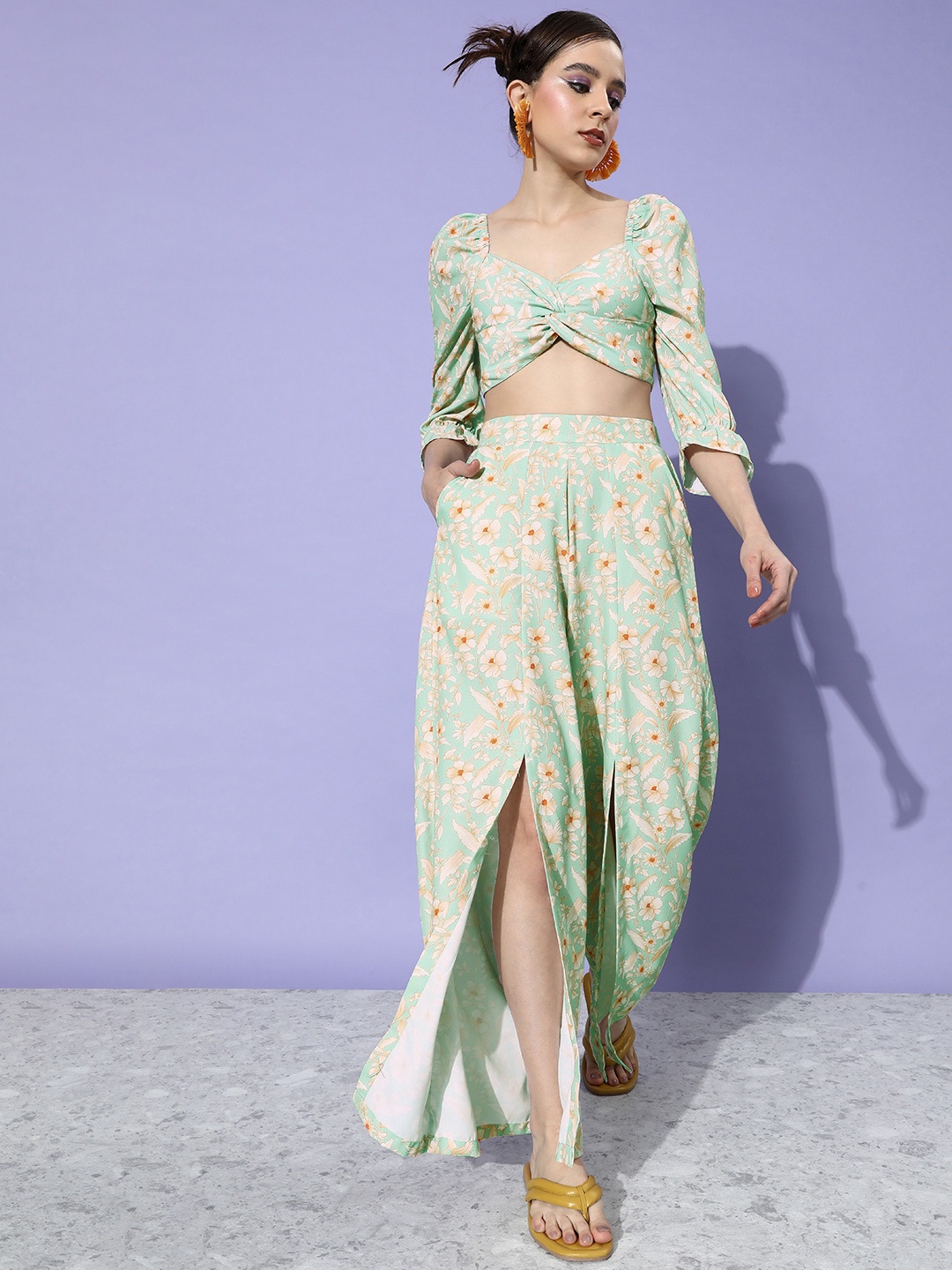 

DressBerry Floral Printed Smocked Crop Top With Slit Detail Printed Trouser, Green