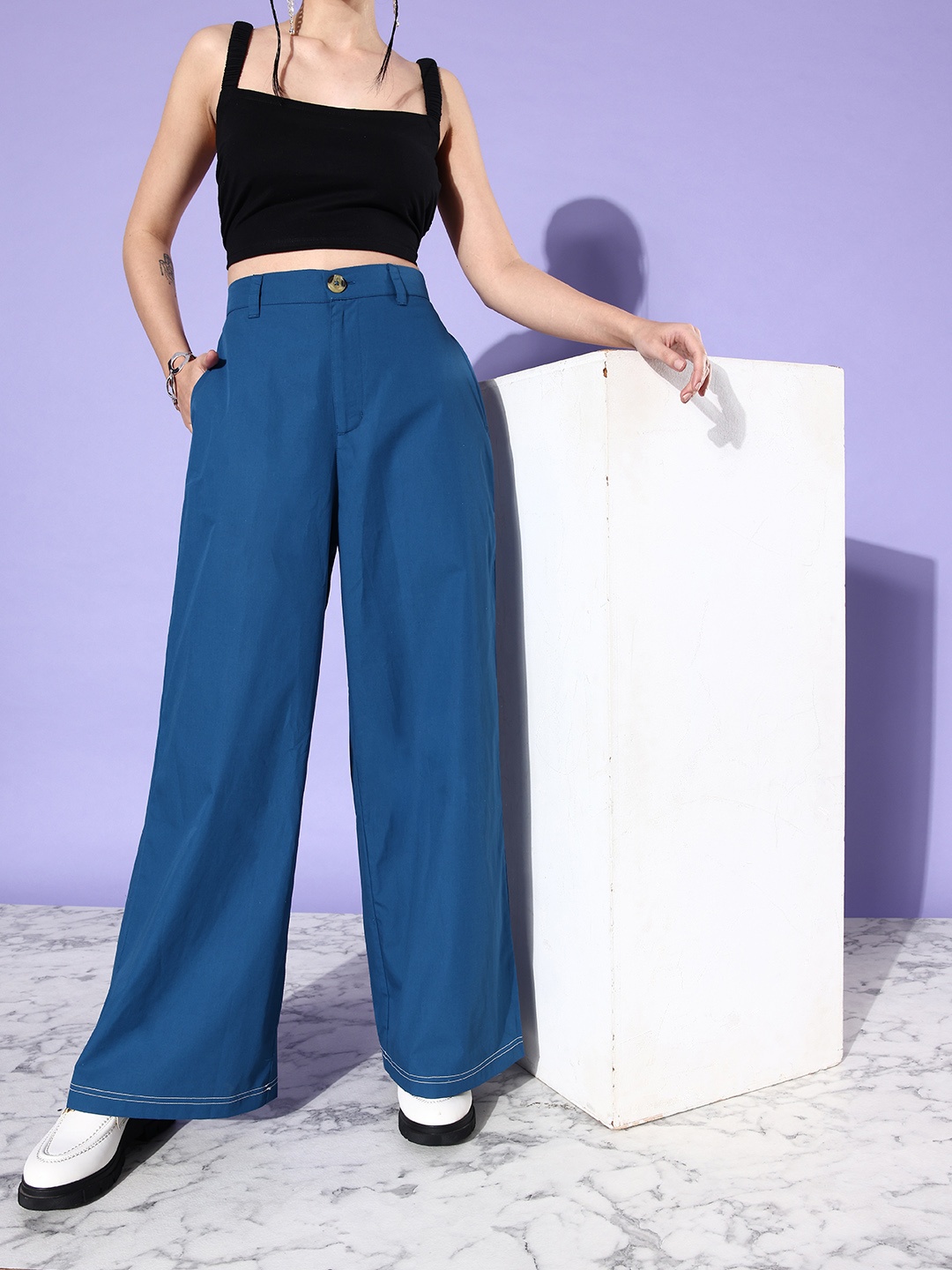 

DressBerry Women Pure Cotton Solid Parallel Trousers, Blue