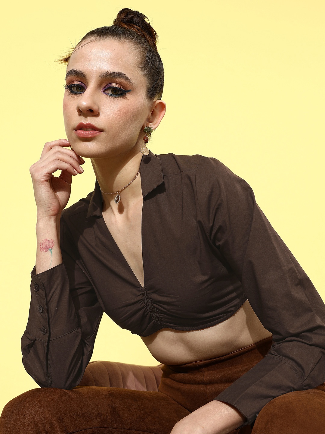 

DressBerry Shirt Collar Long Sleeves Pure Cotton Crop Top, Brown