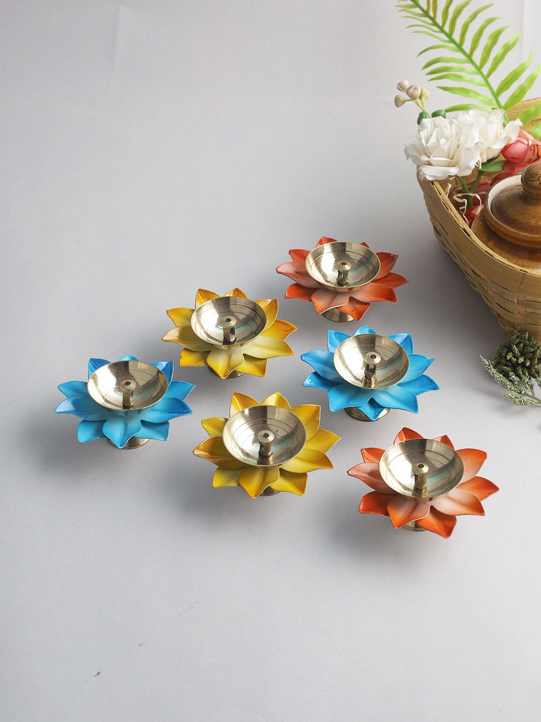 

Aapno Rajasthan Set Of 6 Lotus Shape Metal Diyas, Blue