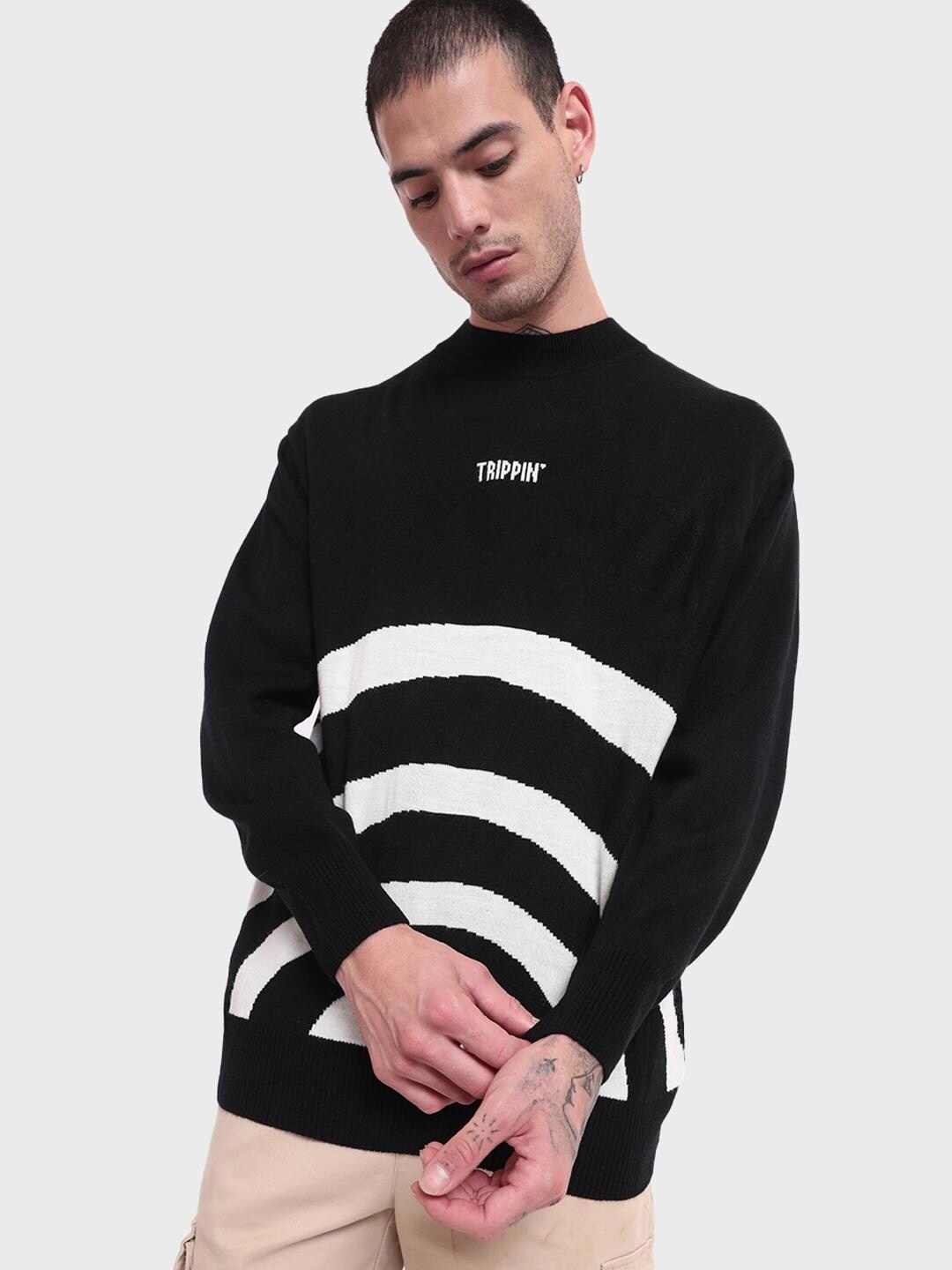 

Bewakoof Men Jet Black Trippin Striped Oversized Sweater