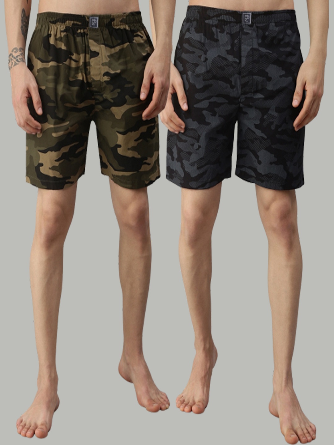 

PEPPYZONE Men Pack of 2 Green & Black Camouflage Printed Cotton Boxers