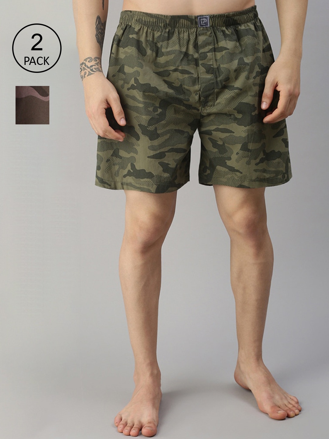 

PEPPYZONE Men Pack Of 2 Camouflage Printed Cotton Boxers, Green