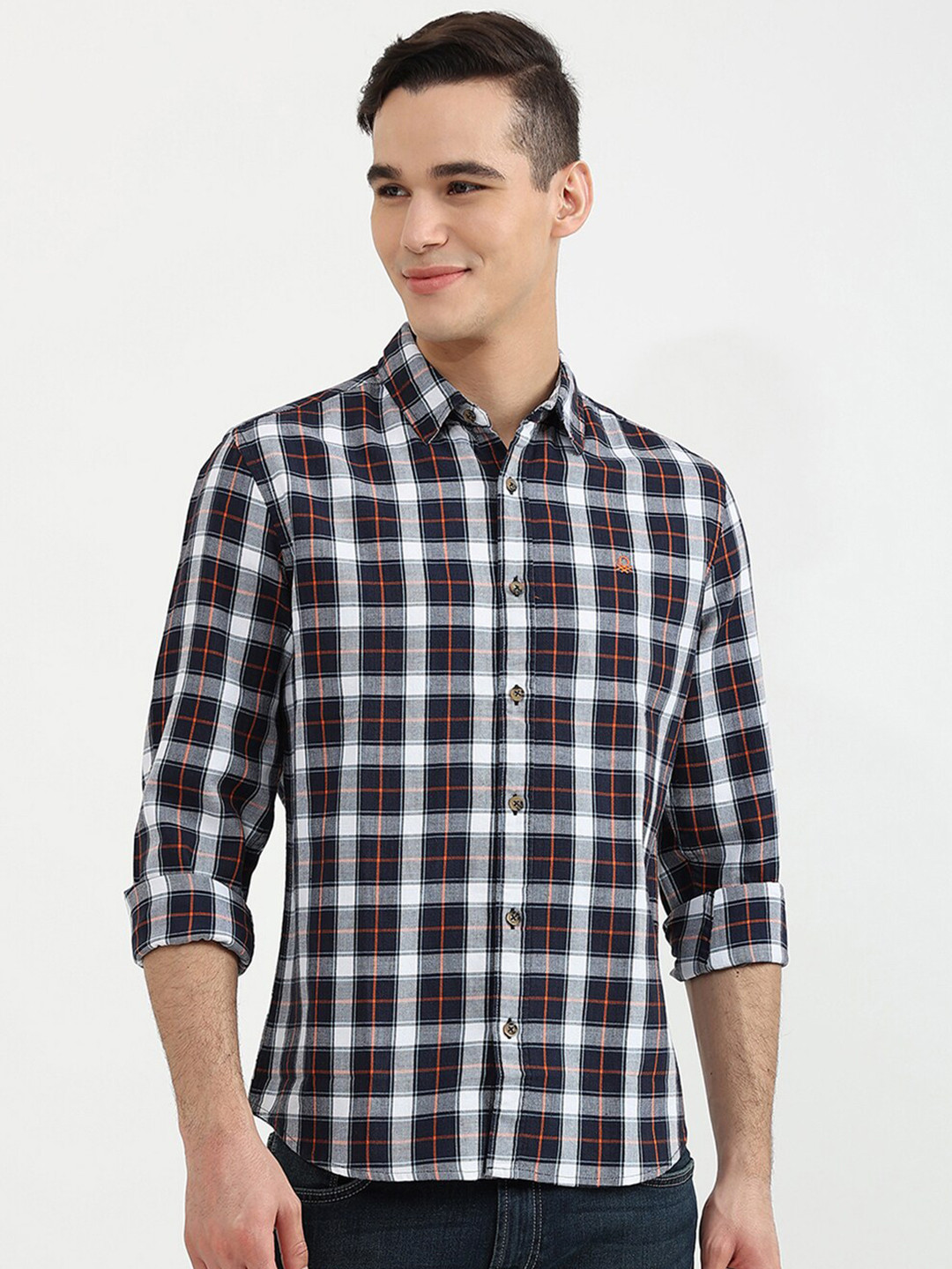 

United Colors of Benetton Men Navy Blue Cotton Slim Fit Tartan Checks Checked Casual Shirt
