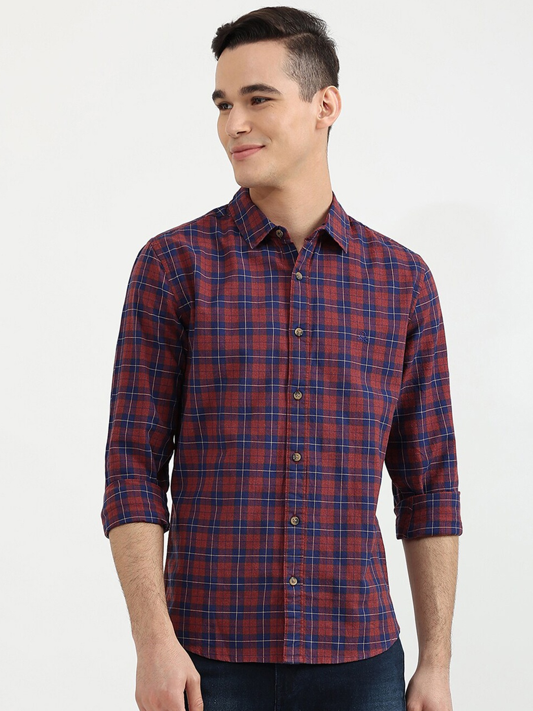 

United Colors of Benetton Men Blue Slim Fit Tartan Checked Casual Shirt