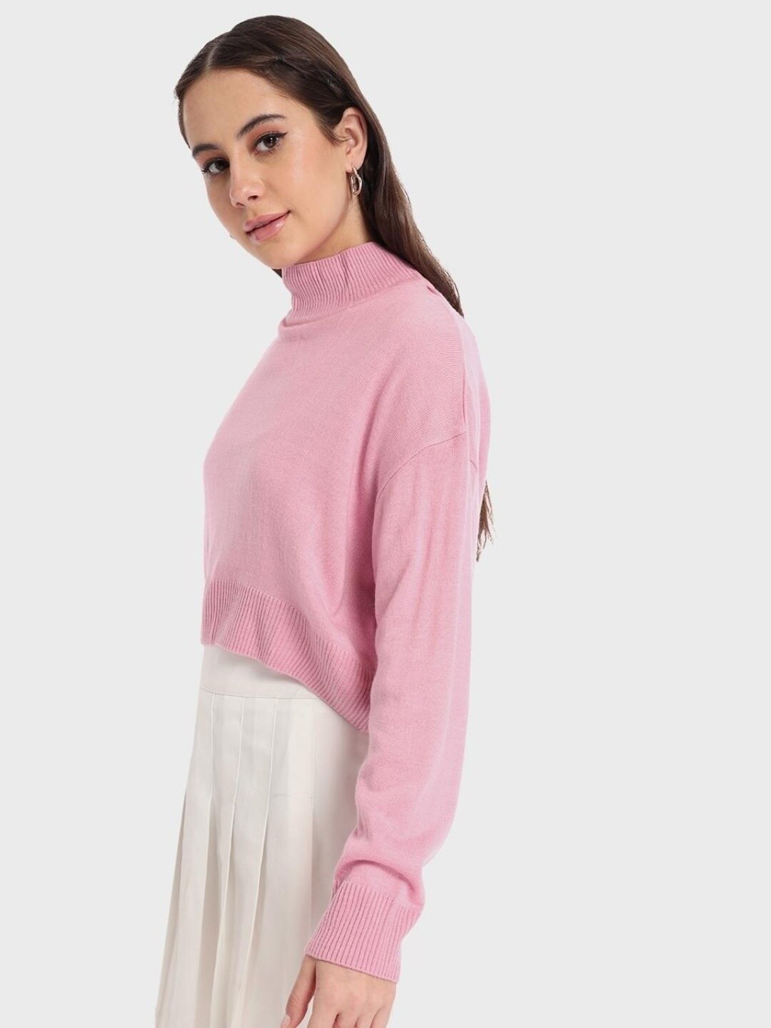

Bewakoof Women Pink Solid Crop Oversized Fit Pullover Sweater