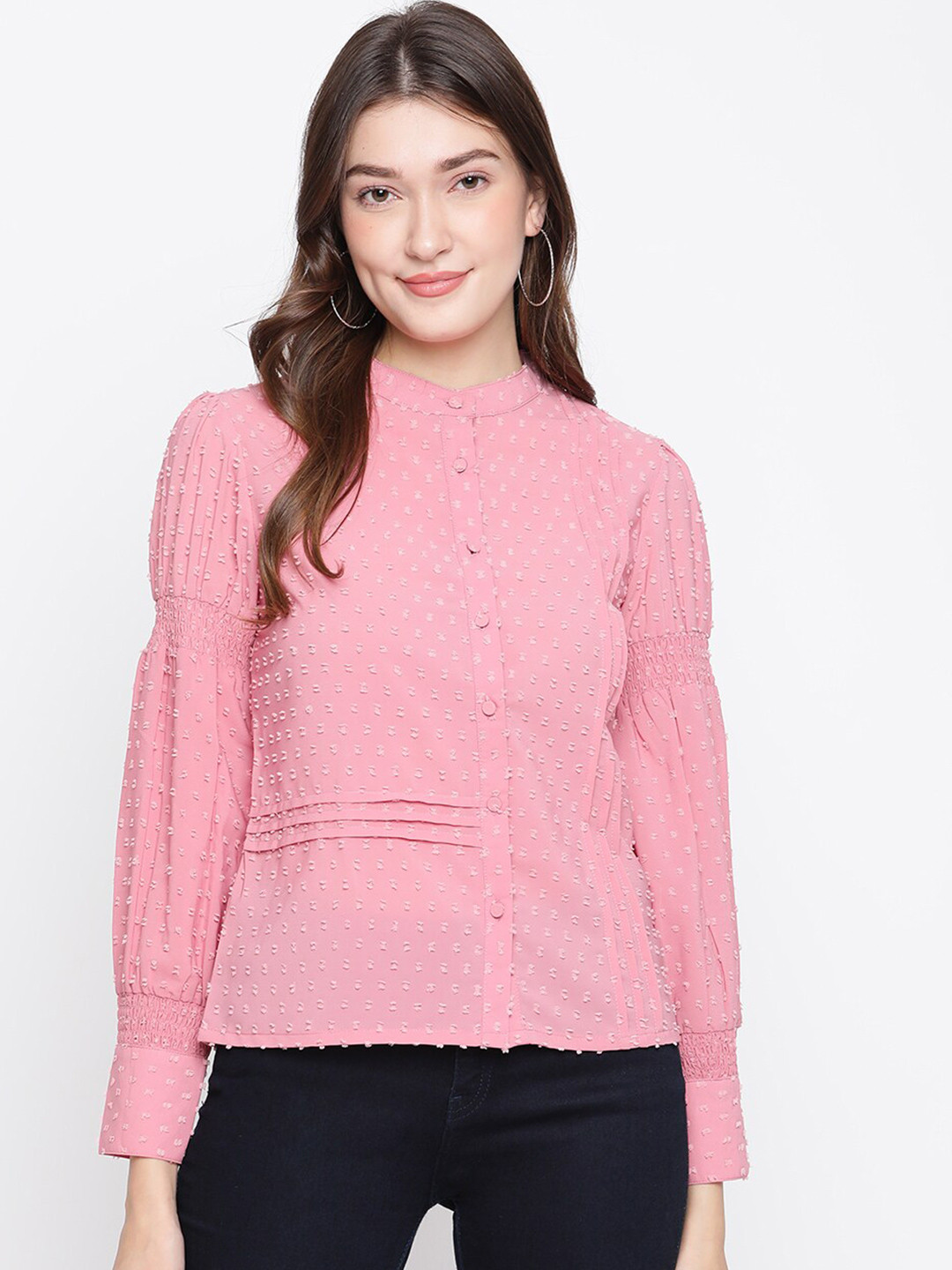 

Latin Quarters Women Pink Mandarin Collar Smocked Shirt Style Pure Cotton Top