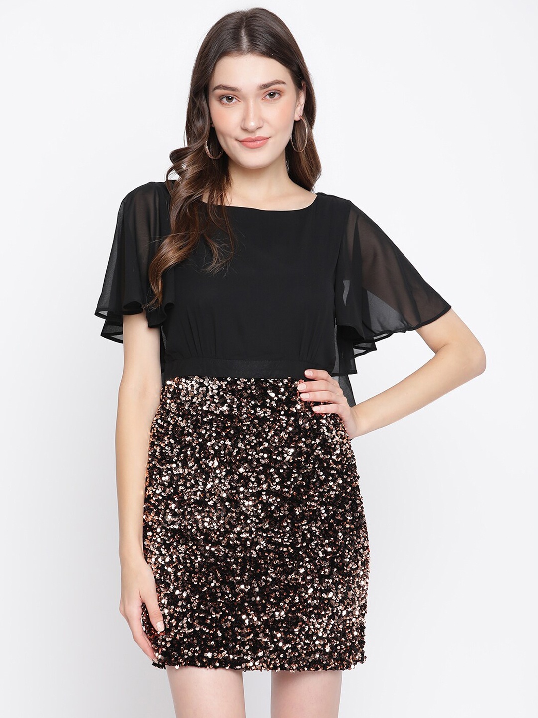 

Latin Quarters Gold-Toned & Black Embellished Sheath Dress