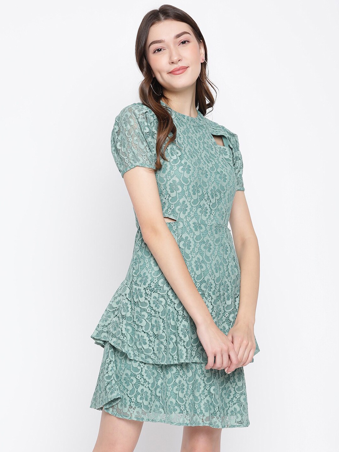 

Latin Quarters Green Lace Self Design A-Line Dress