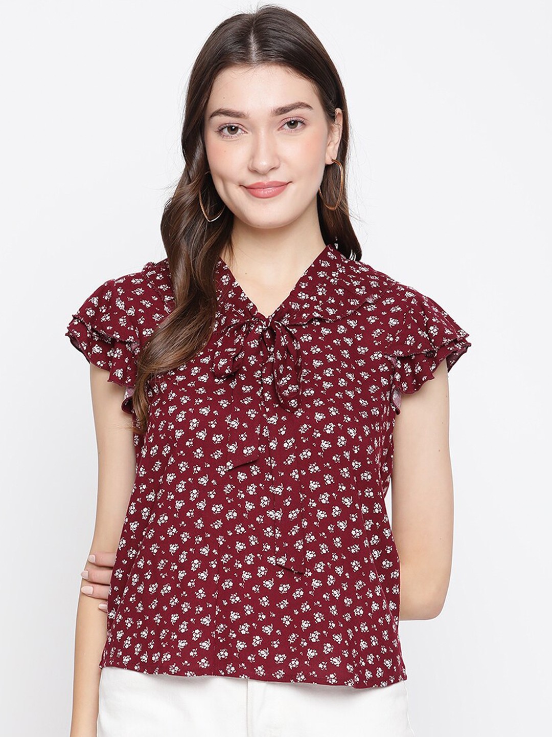 

Latin Quarters Maroon Floral Printed Tie-Up Neck Ruffles Top