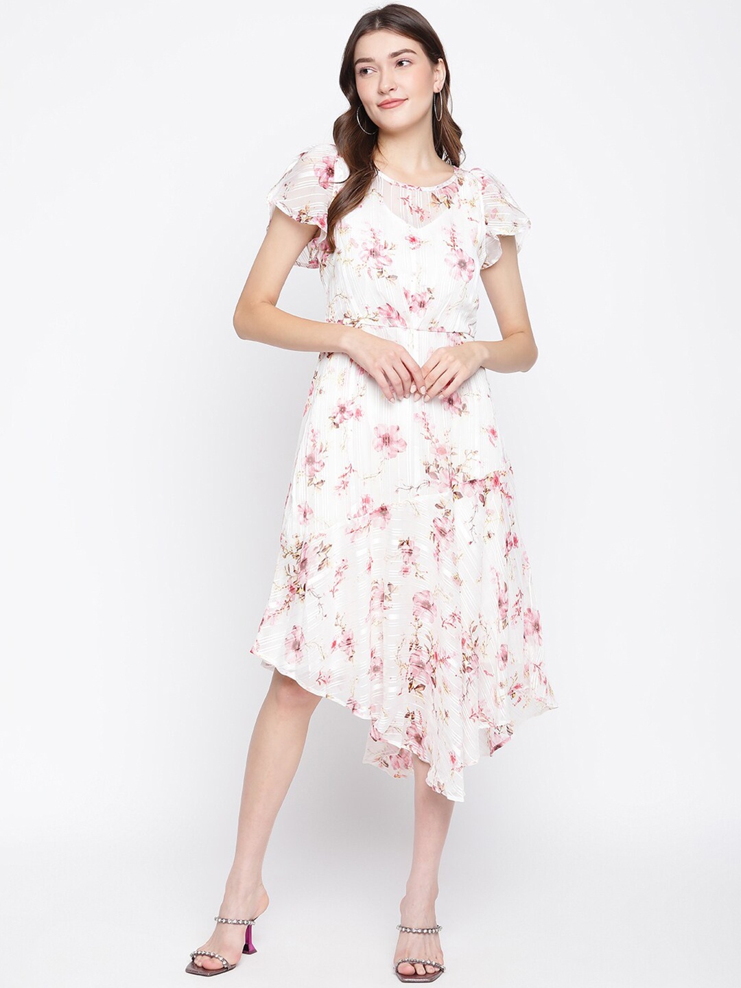 

Latin Quarters Pink & White Floral Printed A-Line Midi Dress