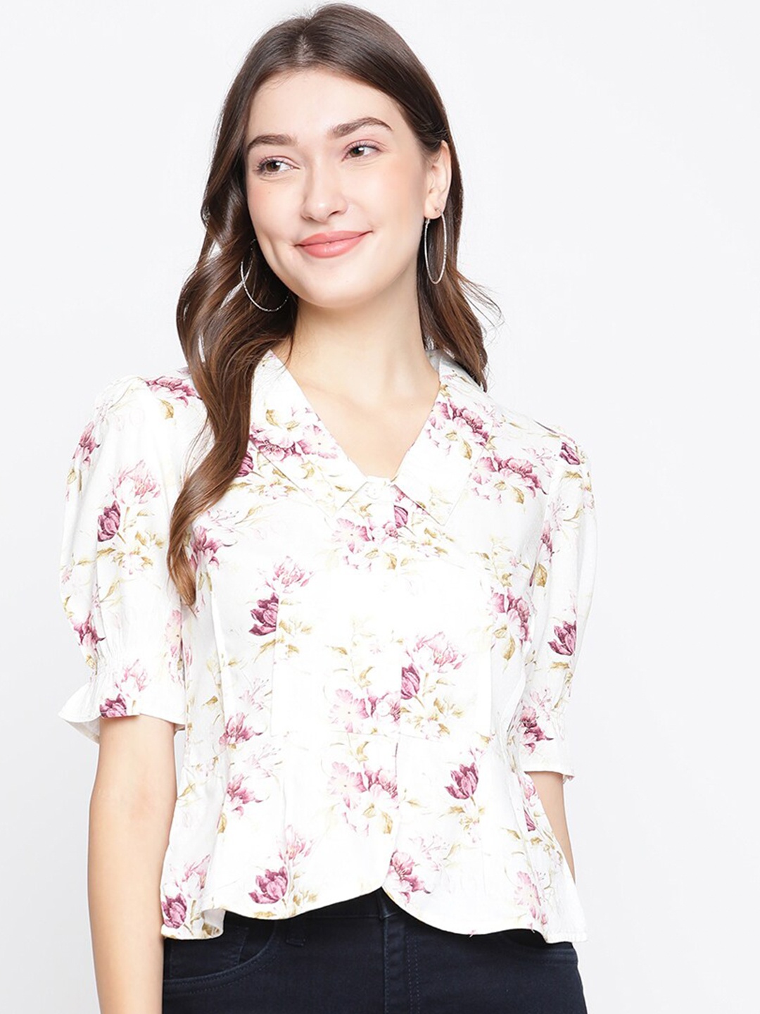 

Latin Quarters White Floral Print Shirt Style Crop Top