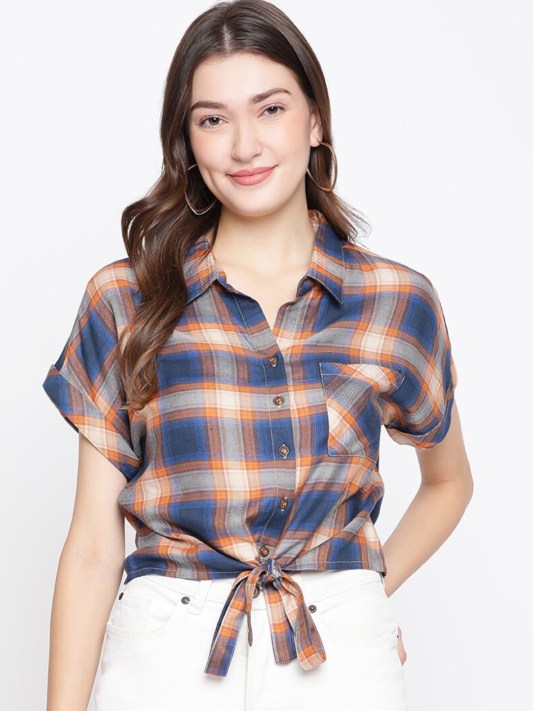 

Latin Quarters Orange & Blue Checked Extended Sleeves Shirt Style Crop Top