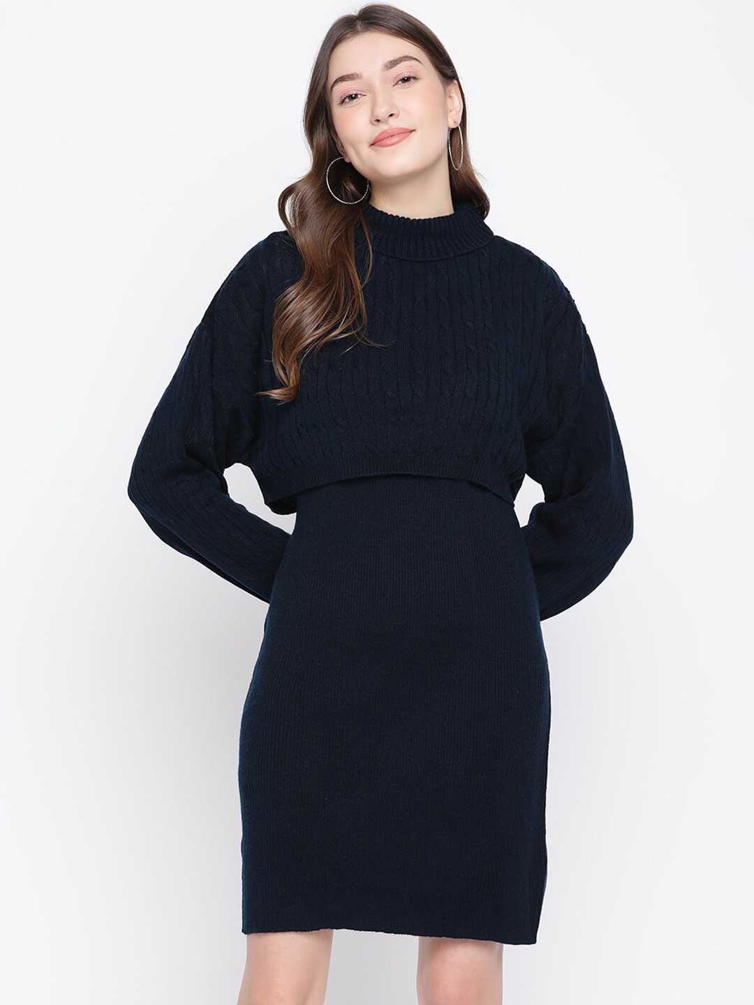 

Latin Quarters Navy Blue Solid Sheath Full Sleeve Dress