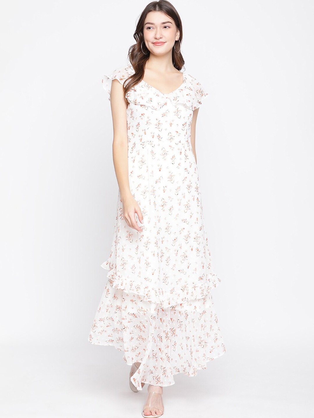 

Latin Quarters White Floral Printed Ruffles Maxi Short Sleeve Dress