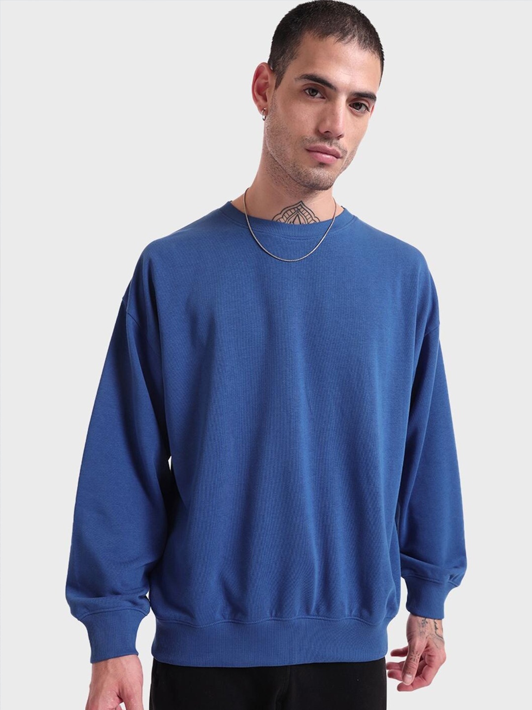 

Bewakoof Men Blue Cotton Oversized Sweatshirt