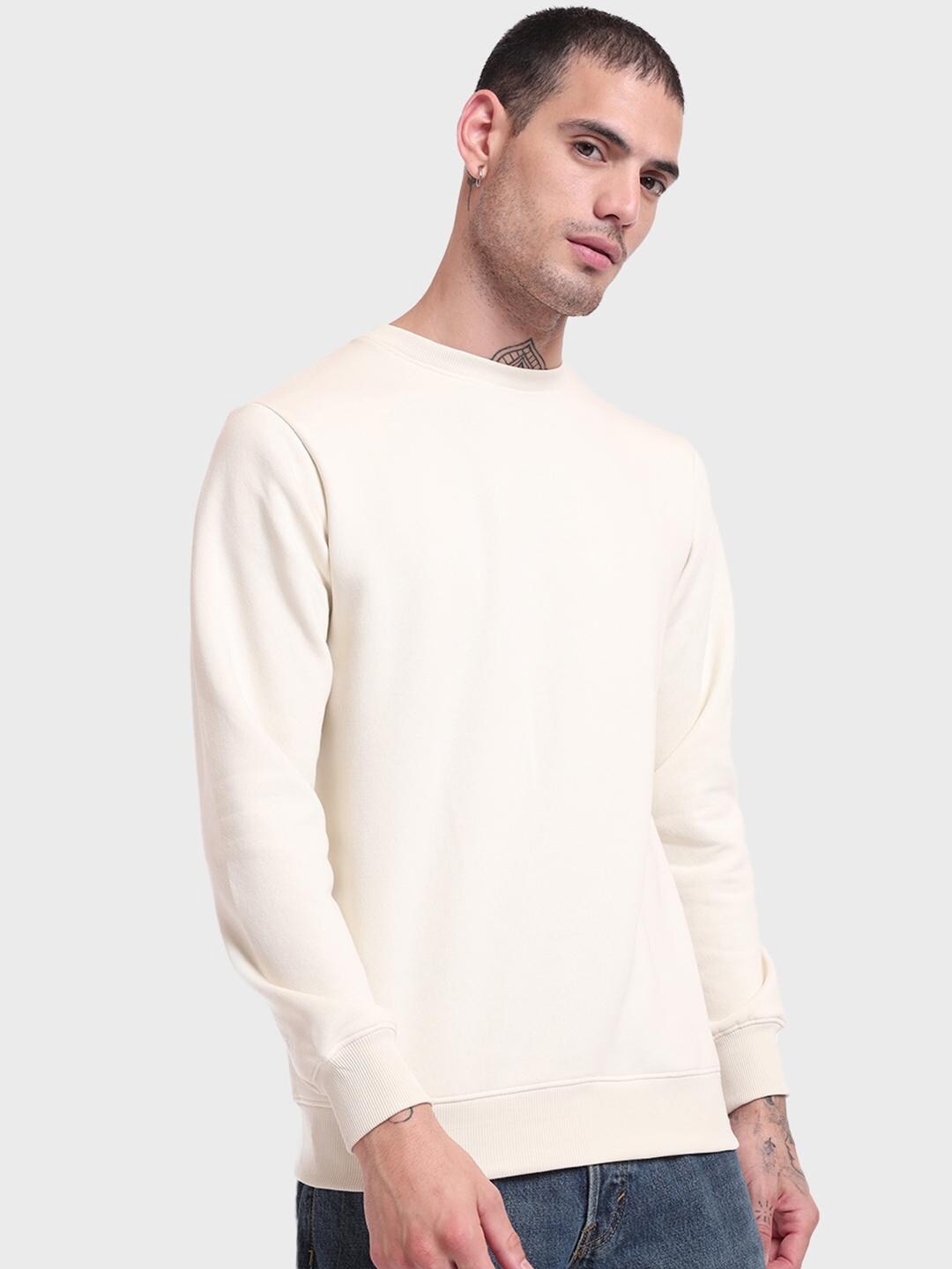 

Bewakoof Men Cream-Coloured Solid Sweatshirt