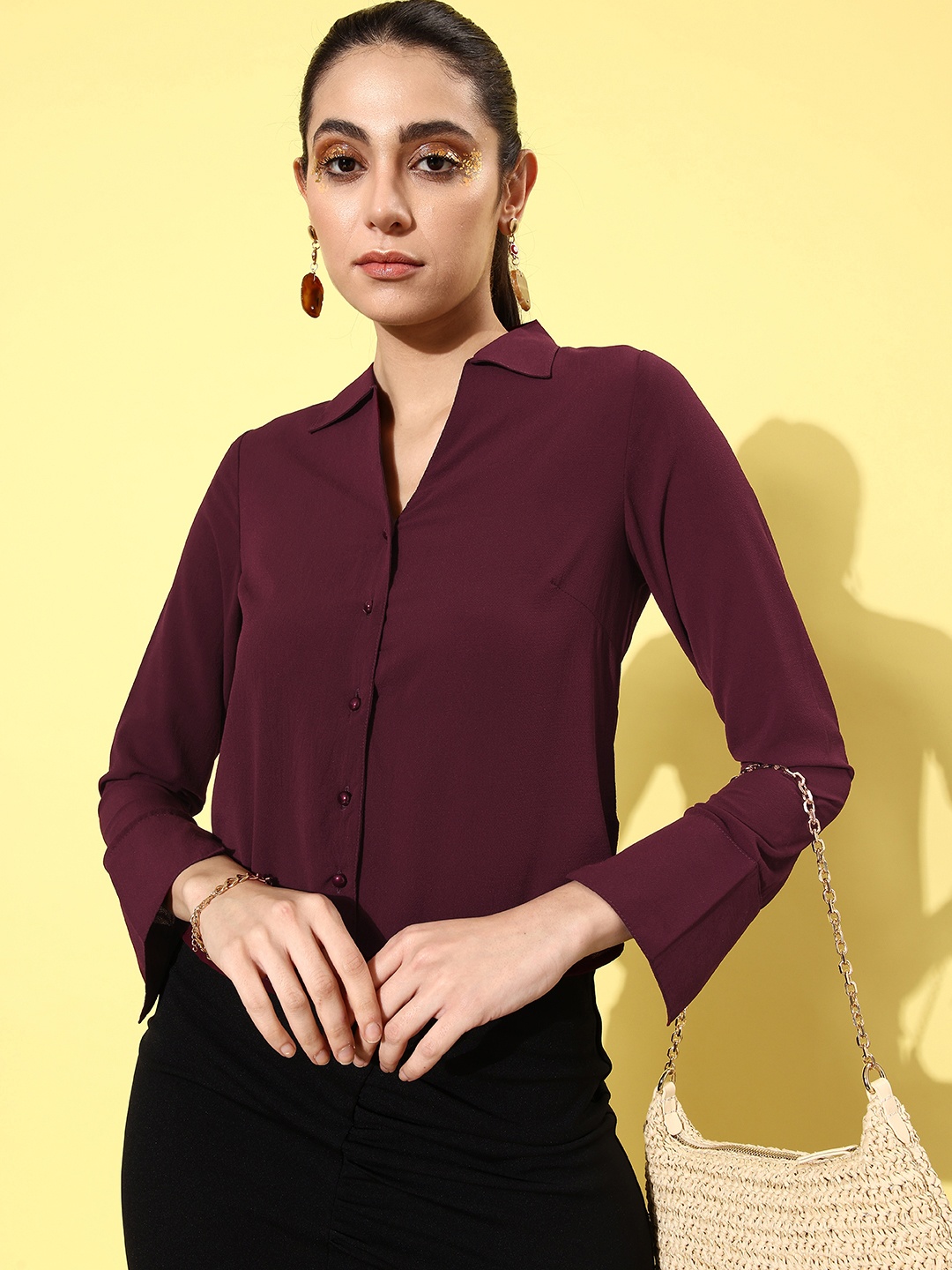 

DressBerry Women Solid Long Sleeves Casual Shirt, Burgundy
