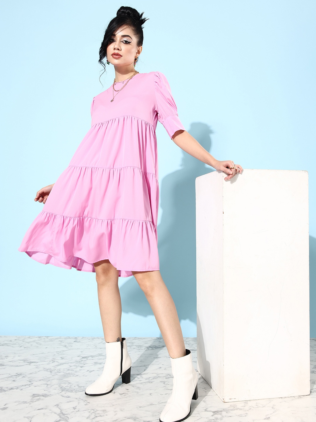 

DressBerry Round Neck A-Line Tiered Dress, Pink
