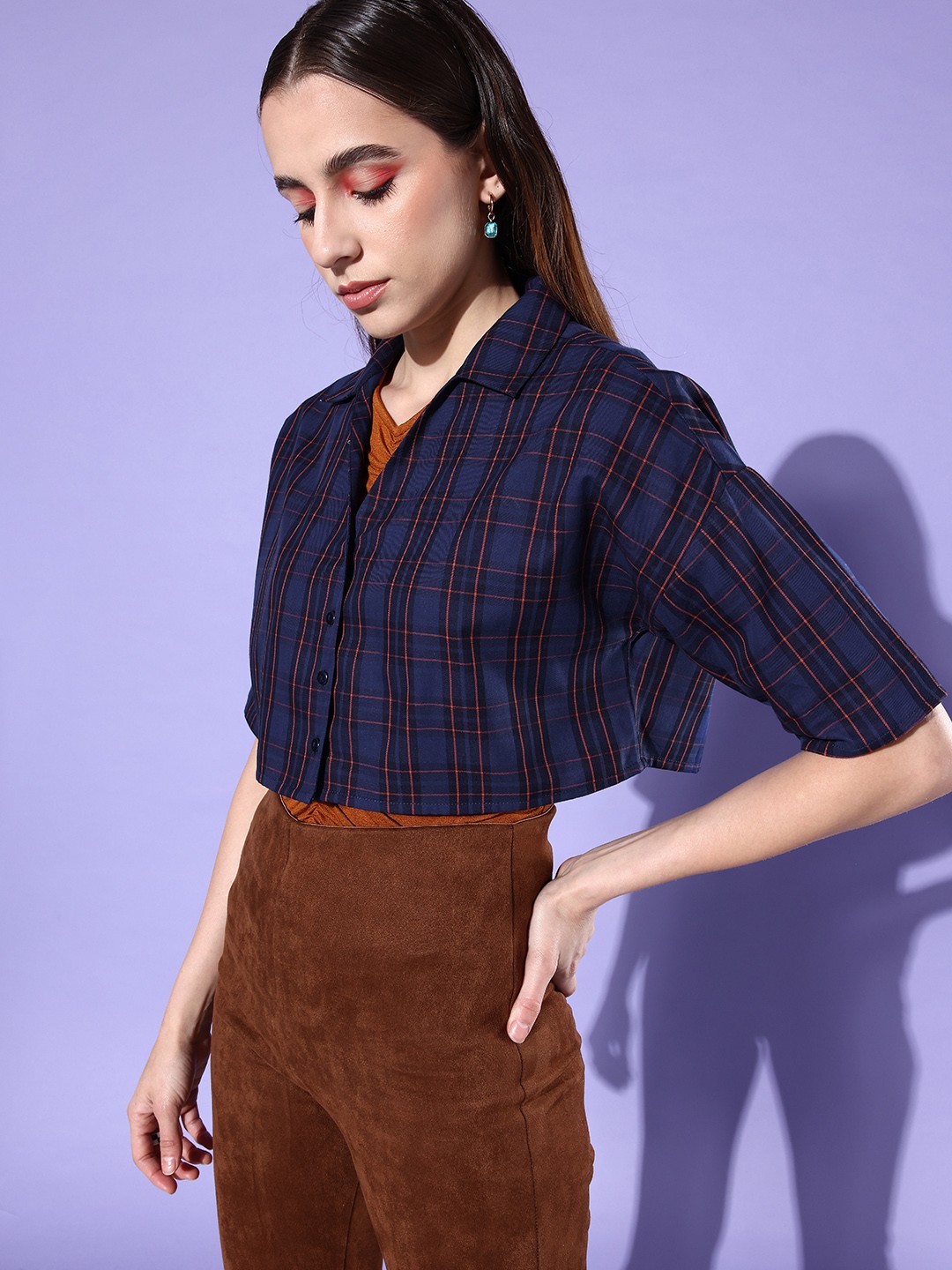 

DressBerry Women Tartan Checks Pure Cotton Casual Crop Shirt, Navy blue