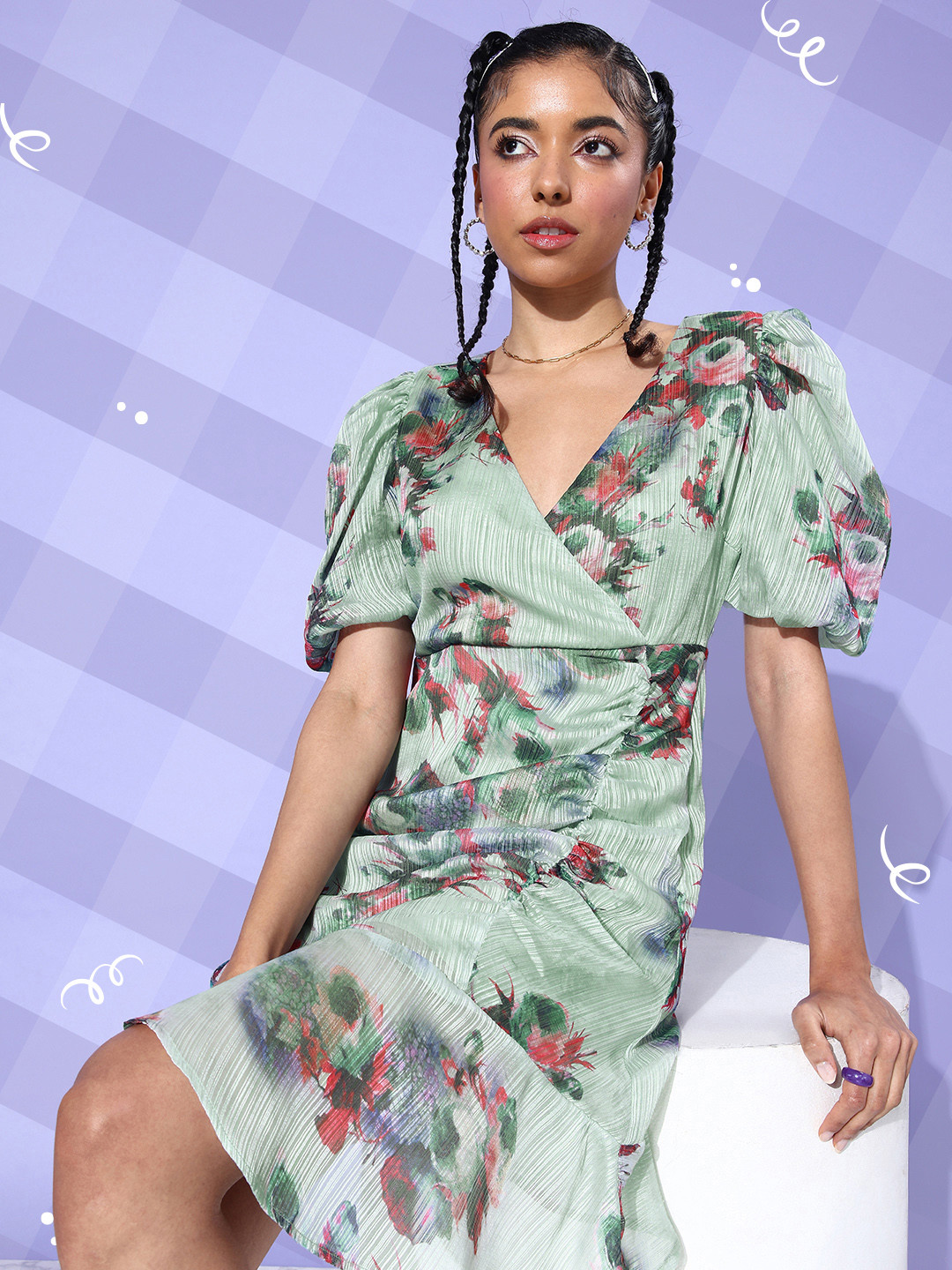 

Dressberry Puff Sleeves Floral A-Line Dress With Ruched Detail, Green