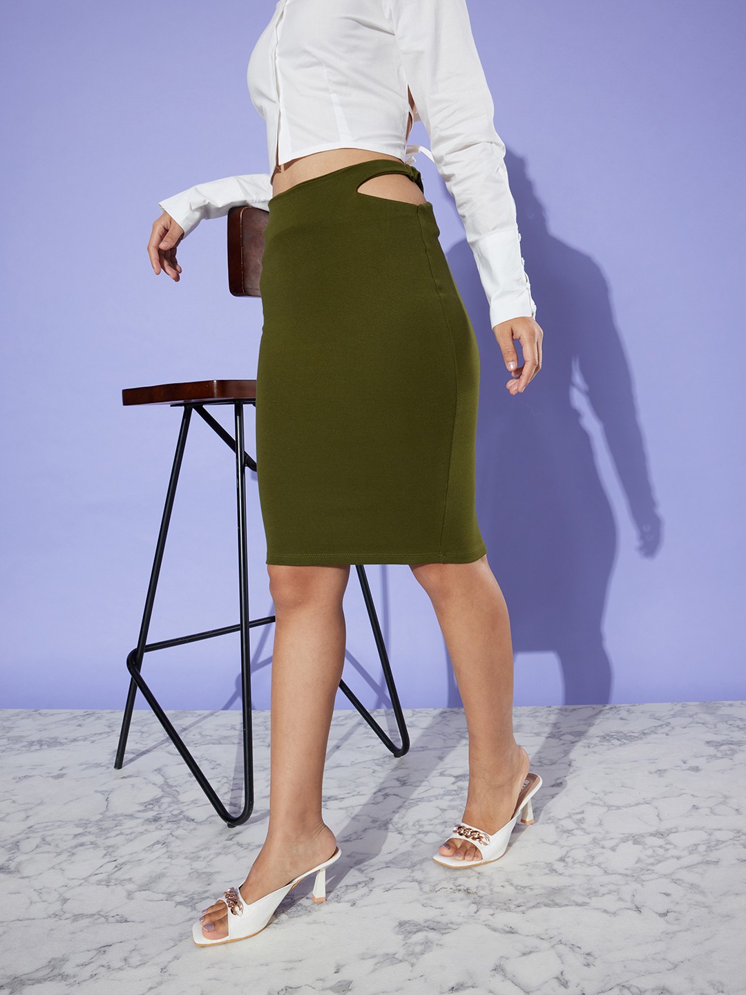 

DressBerry Women Pure Cotton Pencil Skirt With Cut-Out Detail, Olive