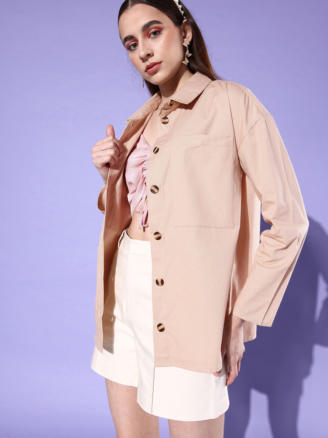 

DressBerry Women Solid Pure Cotton Casual Shirt, Beige