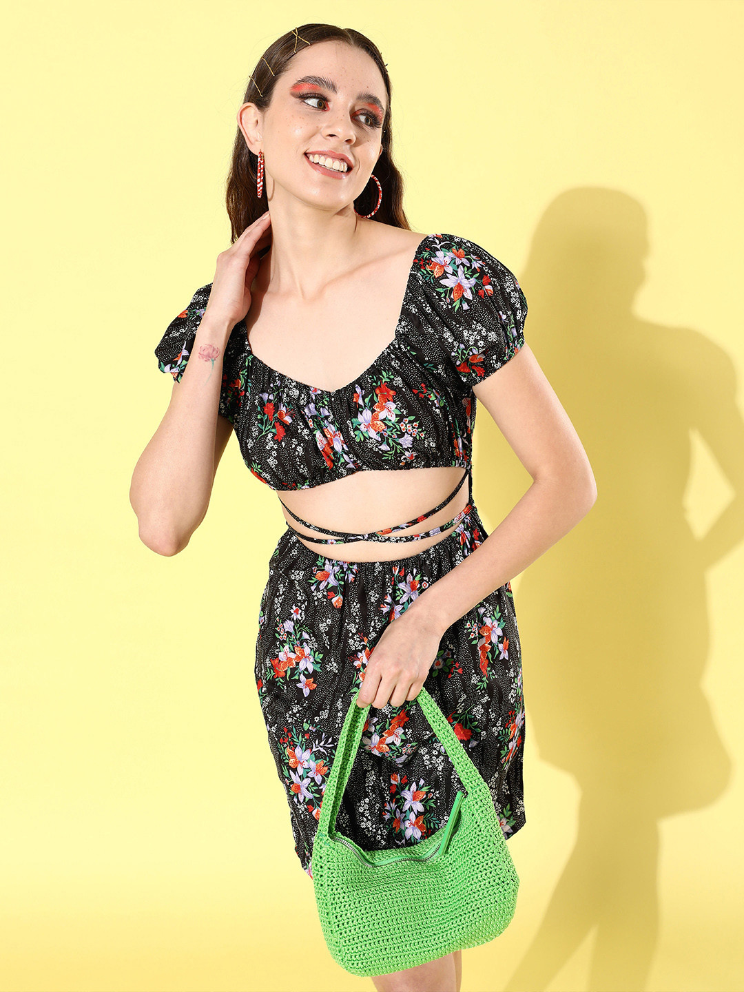 

DressBerry Floral Sheath Dress with Waist Tie-Ups, Black