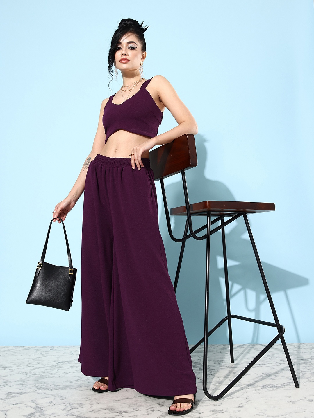 

DressBerry Women Shoulder Straps Top With Palazzo Co-Ords Set, Purple