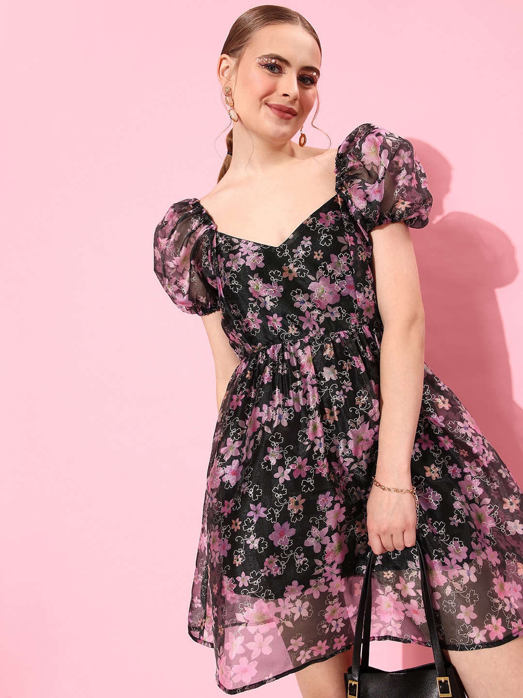 

4WRD by Dressberr Fit & Flared Floral Dress, Black