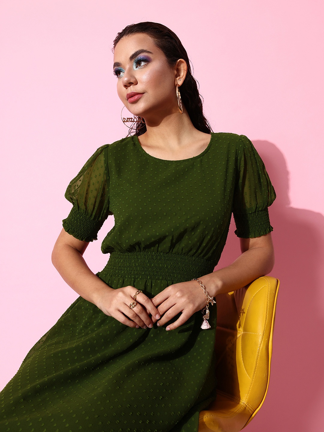 

Dressberry Puff Sleeves Smocked Fit & Flare Dress, Green