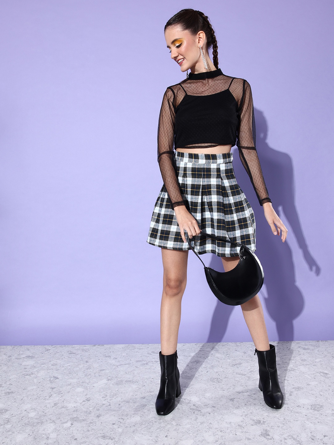 

DressBerry Checked Flared Pure Cotton Mini Skirt, Olive