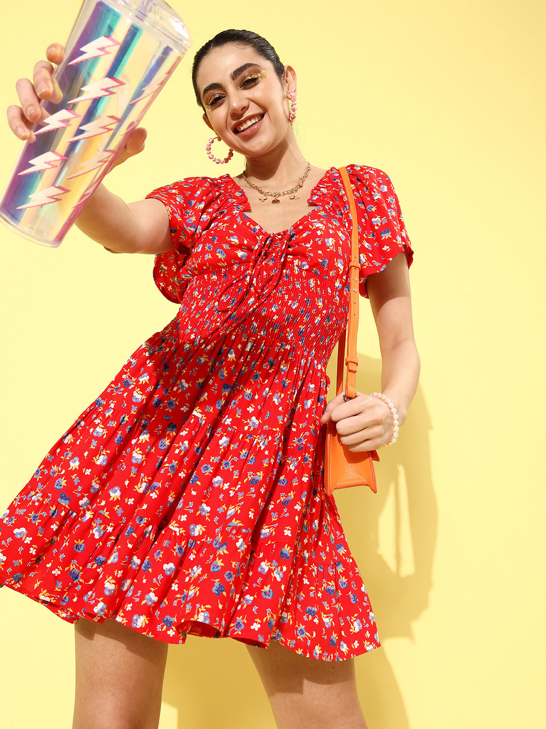 

DressBerry Floral Printed V-Neck Smocked Detail Fit & Flare Tiered Dress, Red