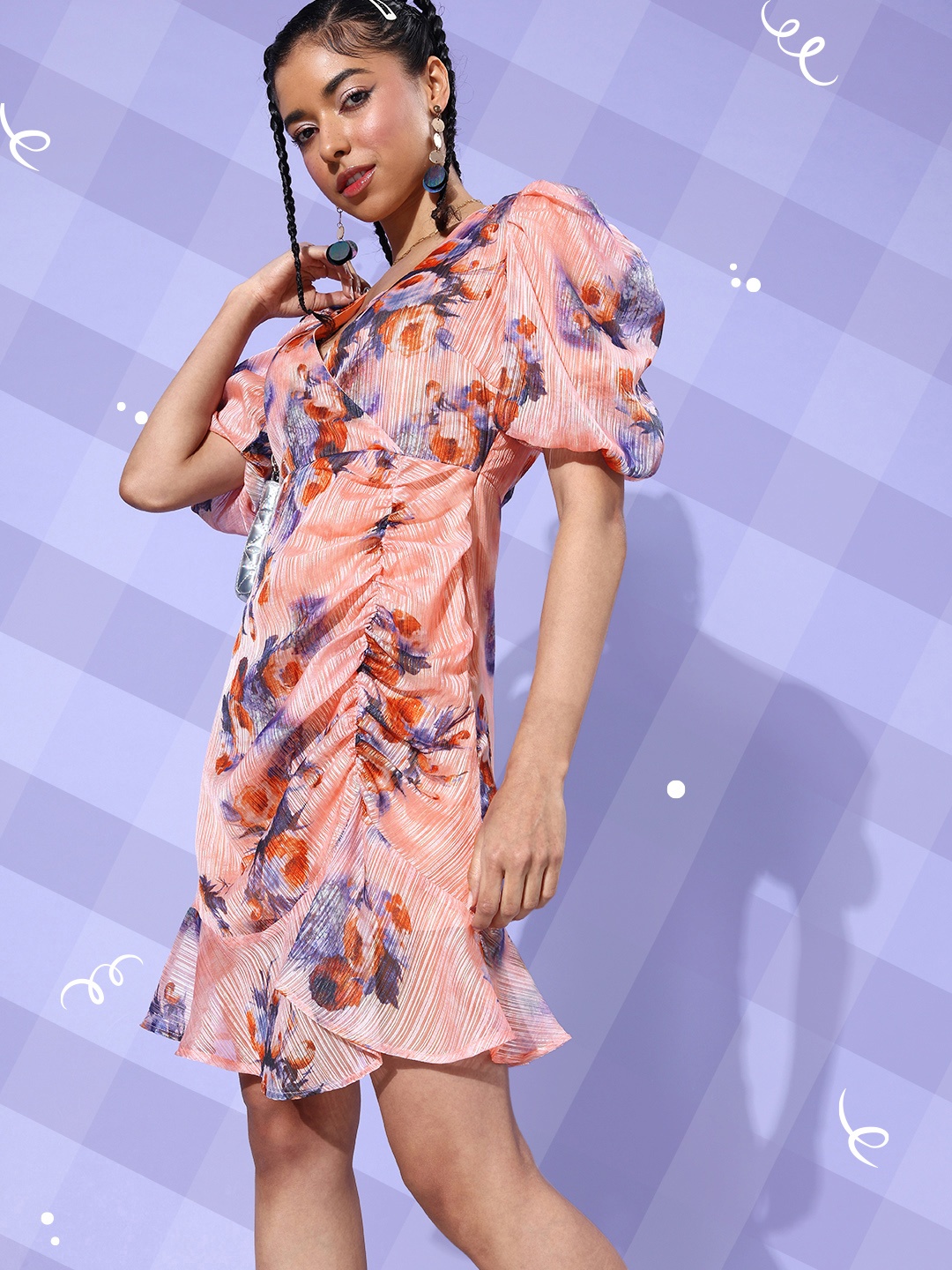 

DressBerry Puff Sleeves Floral A-Line Dress With Ruched Detail, Peach