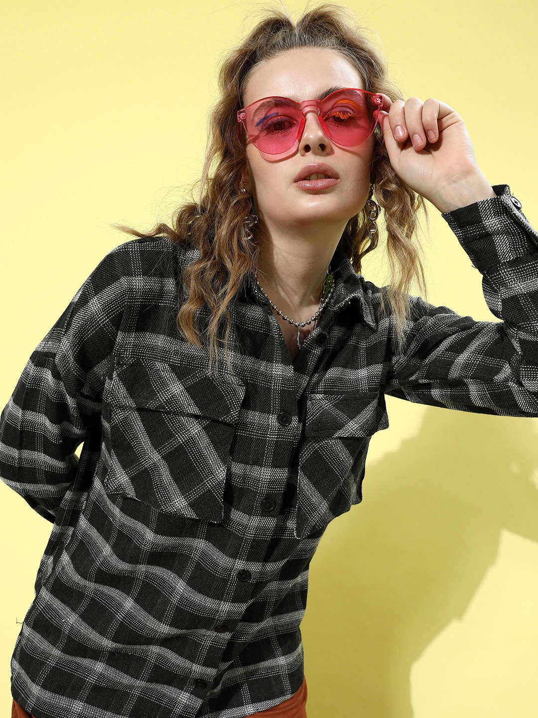 

DressBerry Women Black Windowpane Checks Opaque Pure Cotton Casual Shirt