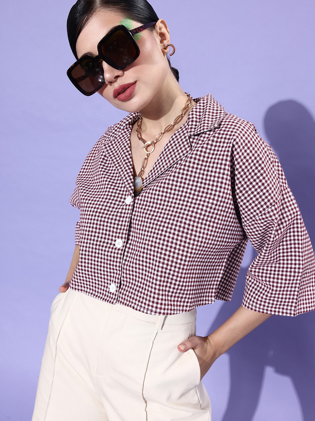 

DressBerry Women Pure Cotton Gingham Checks Cropped Casual Shirt, Burgundy